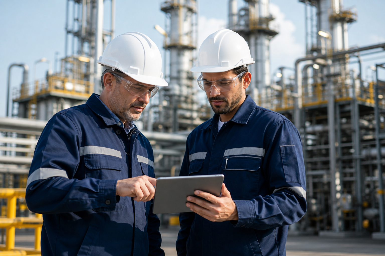 Safety engineer and operations manager reviewing site information on a tablet